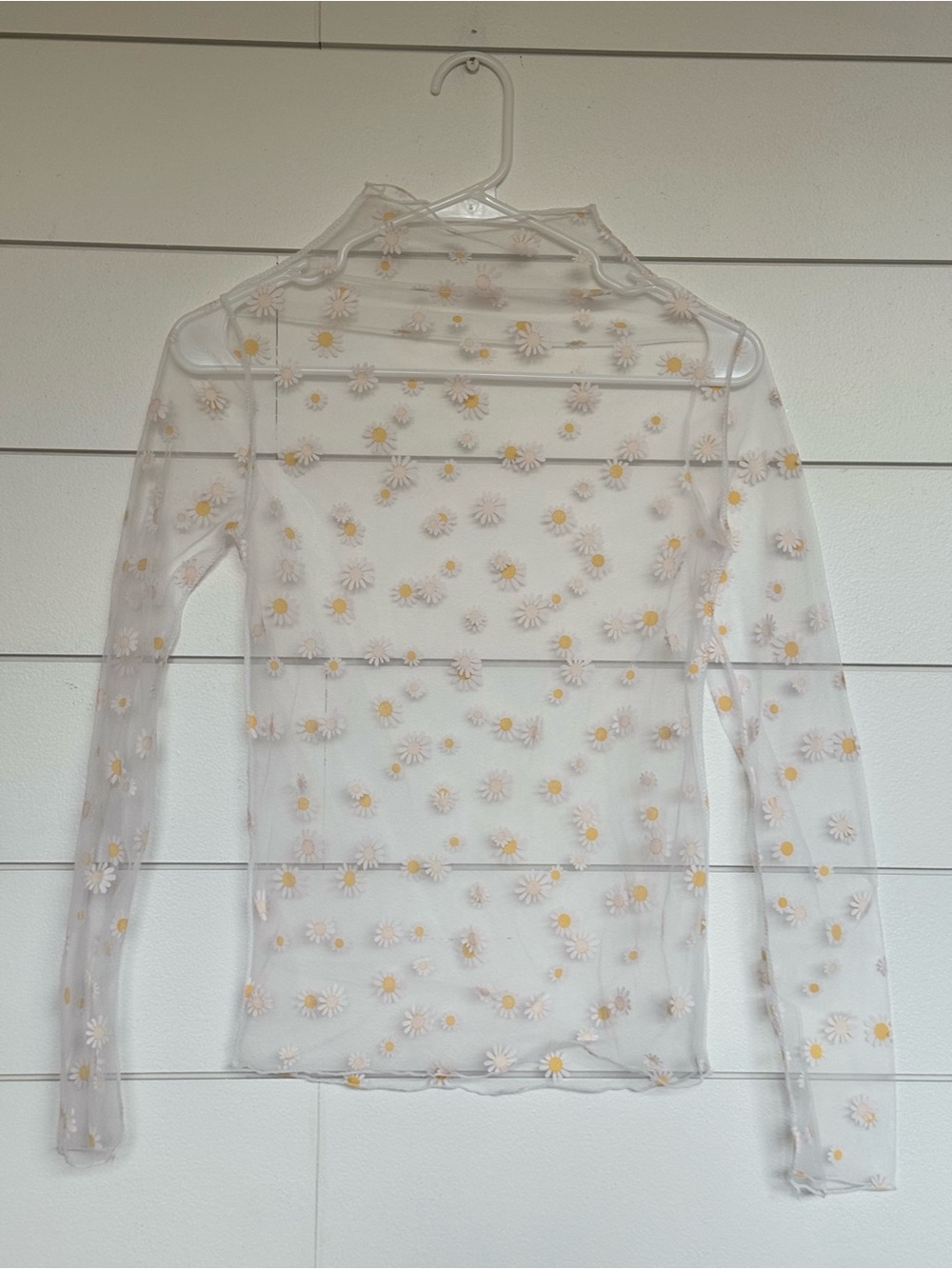 Sheer Daisy Mesh Long Sleeve Top - White with Yellow Daisies